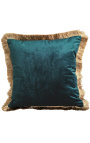 Square cushion in petrol blue velvet with golden fringes 45 x 45