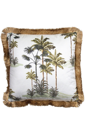 Almofada quadrada de veludo com estampa de palmeira sobre fundo branco com trança de franjas douradas 45 x 45