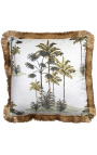 Square velvet cushion printed with palm trees on white background with gold fringes 45 x 45