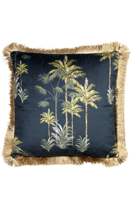 Almofada quadrada de veludo com estampa de palmeira sobre fundo preto com trança de franjas douradas 45 x 45