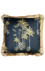 Square velvet cushion printed with palm trees on black background with gold fringes 45 x 45