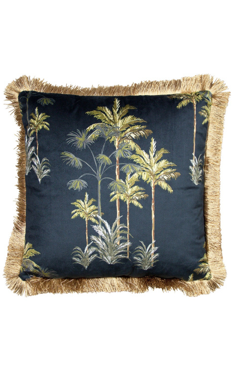 Square velvet cushion printed with palm trees on black background with gold fringes 45 x 45