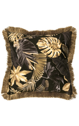Cuscino quadrato in velluto con stampa Monstera su fondo nero con treccia frangia oro 45 x 45