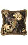 Square velvet cushion printed with Monstera on black background with gold fringes 45 x 45