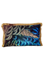 Rectangular velvet cushion printed peacock 1 with gold fringes 40 x 60