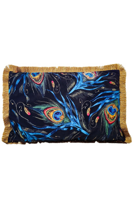 Rectangular velvet cushion printed peacock 2 with gold fringes 40 x 60