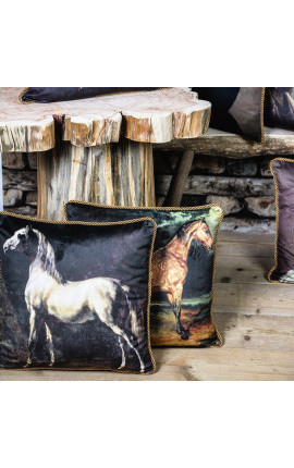 Square velvet cushion printed brown horse with gold twirled trim 45 x 45