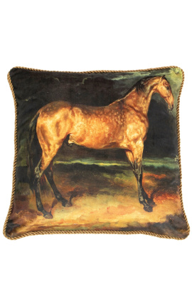 Cuscino quadrato in velluto stampa cavalli marrone con treccia ritorta oro 45 x 45