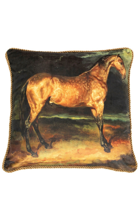 Almofada quadrada em veludo marrom com estampa de cavalo com trança dourada torcida 45 x 45