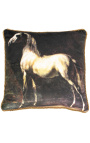 Square velvet cushion printed brown horse with gold twirled trim 45 x 45