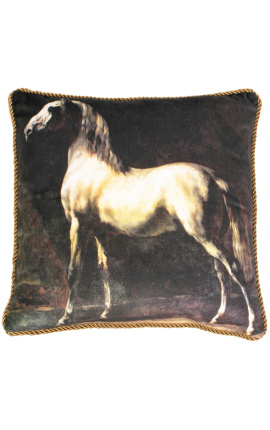 Almofada quadrada em veludo com estampa de cavalo branco com trança dourada torcida 45 x 45