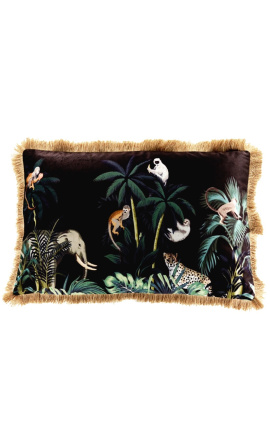 Rectangular velvet cushion printed jungle elephant with golden fringes 40 x 60