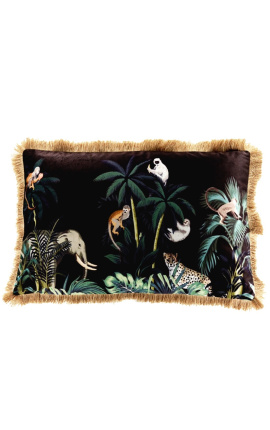 Coussin rectangulaire velours imprimé jungle éléphant avec galon à franges dorées 40 x 60