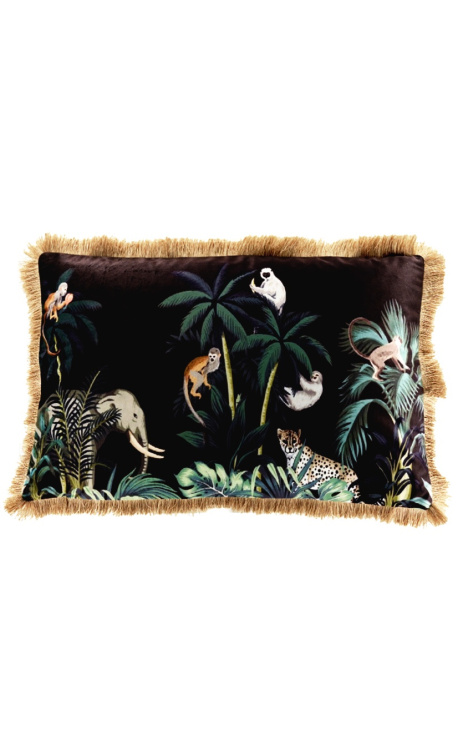 Prostokątna poduszka z aksamitu z nadrukiem słonia dżungli ze złotymi frędzlami 40 x 60