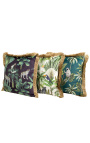 Square velvet cushion printed with jungle panthera with gold fringes 45 x 45
