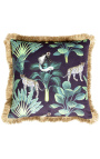 Square velvet cushion printed with jungle panthera with gold fringes 45 x 45