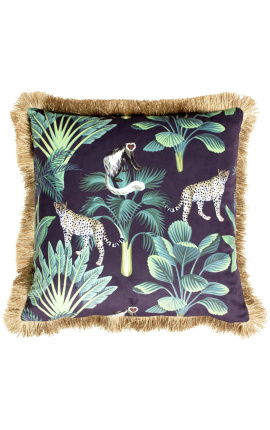 Almofada quadrada em veludo estampado selva pantera com trança de franja dourada 45 x 45