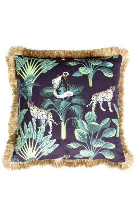 Квадратная бархатная подушка с принтом пантеры джунглей с золотой бахромой 45 x 45
