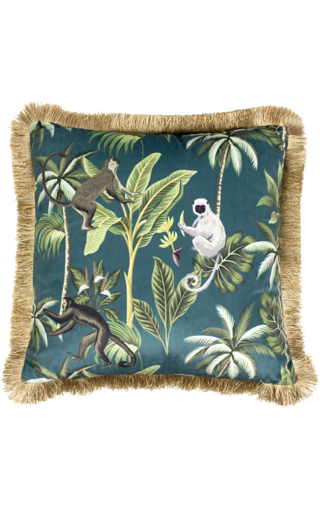 Coussin carré en velours imprimé jungle singes avec galon à franges dorées 45 x 45