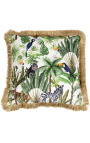 Square velvet cushion printed with jungle toucan with gold fringes 45 x 45