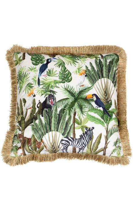 Coussin carré en velours imprimé jungle toucan avec galon à franges dorées 45 x 45