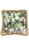Square velvet cushion printed with jungle toucan with gold fringes 45 x 45