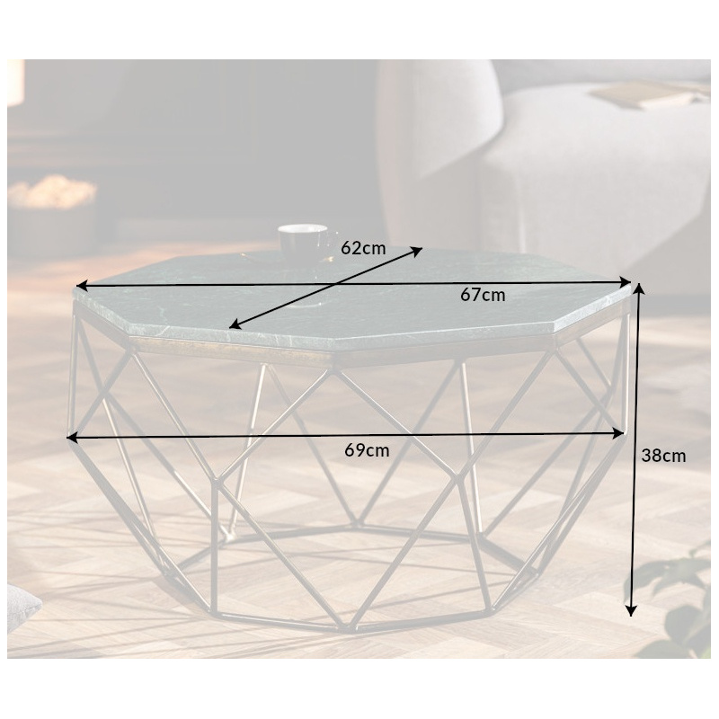 Octagonal "Diamo" coffee table with green marble top and brasscolored