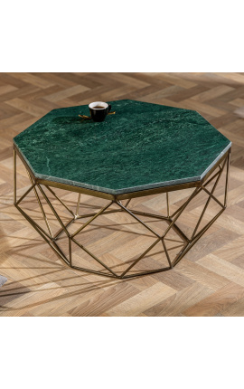 Aštuntakampis &quot;Diamo&quot; kavos stalas su žalio marmuro viršuje ir medaus spalvos metalu