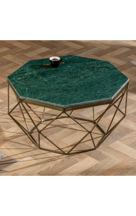 Tavolino ottagonale &quot;Diamo&quot; con piano in marmo verde e metallo color ottone