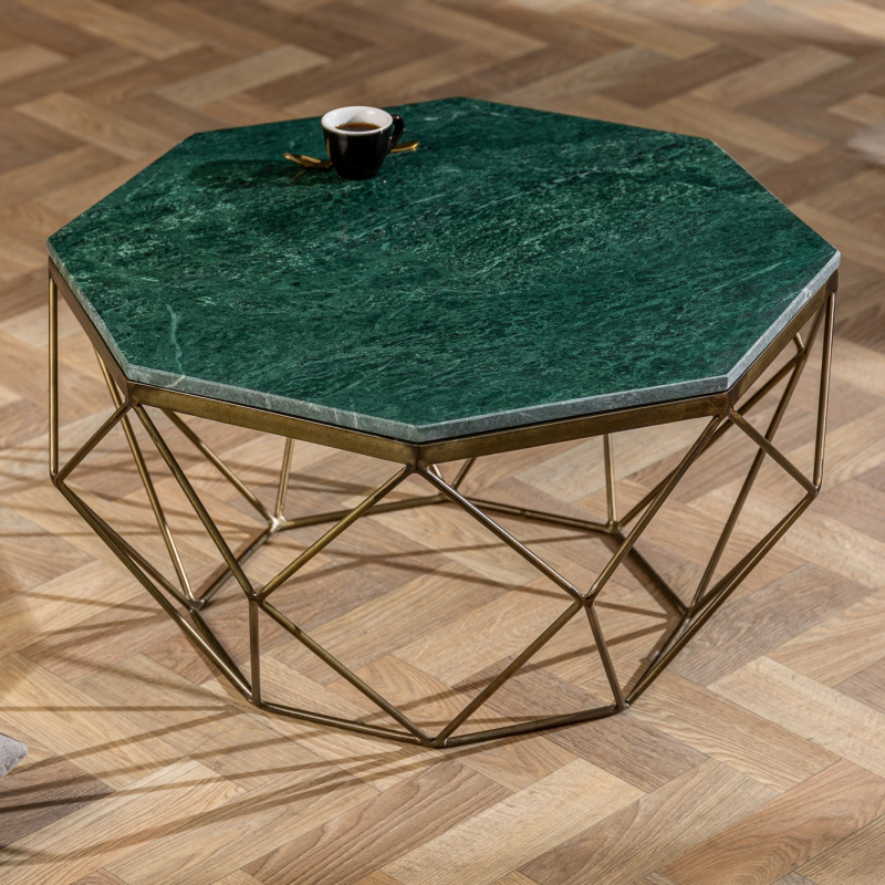 Octagonal "Diamo" coffee table with green marble top and brasscolored