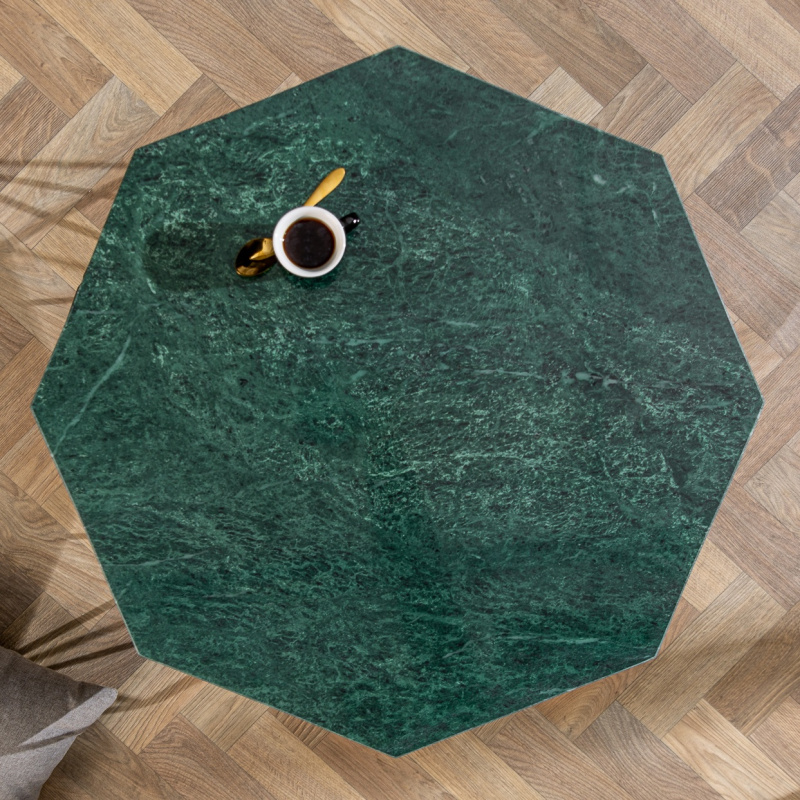 Octagonal "Diamo" coffee table with green marble top and brasscolored