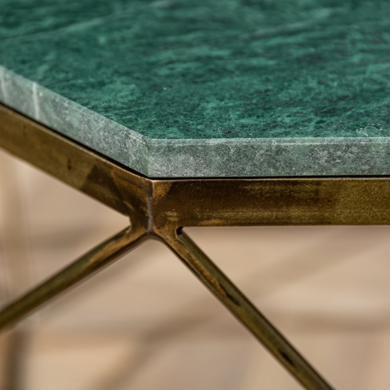 Octagonal "Diamo" coffee table with green marble top and brasscolored