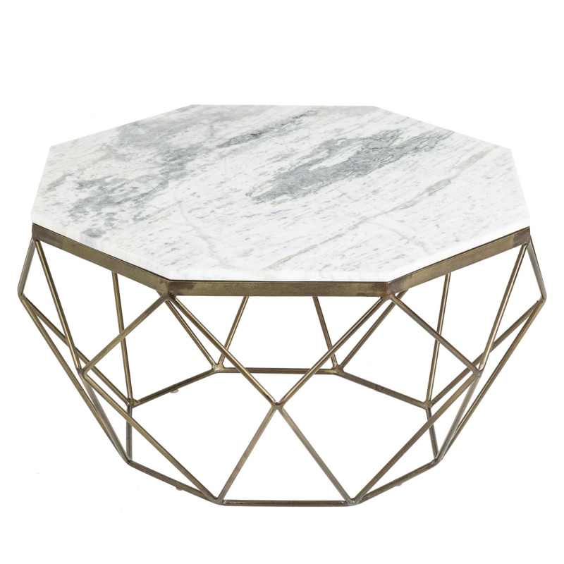 Octagonal "Diamo" coffee table with white marble top and brasscolored
