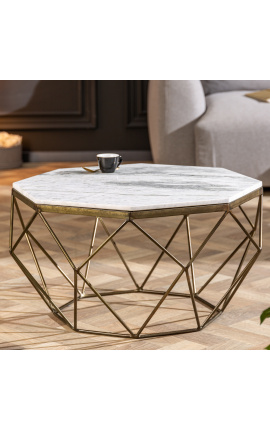 Tavolino ottagonale "Diamo" con piano in marmo bianco e metallo color ottone