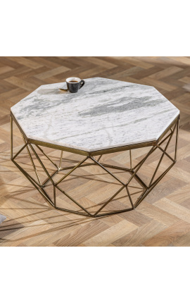 Octagonal &quot;Diamo&quot; coffee table with white marble top and brass-colored metal