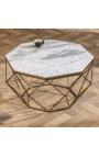 Mesa de centro octogonal "Diamo" com tampo em mármore branco e metal latão