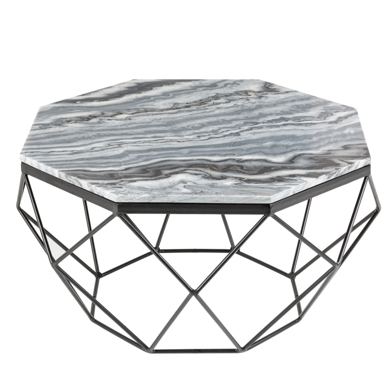 Octagonal "Diamo" coffee table with gray marble top and blackcolored metal