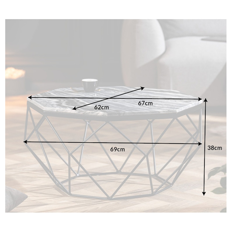 Octagonal "Diamo" coffee table with gray marble top and blackcolored metal