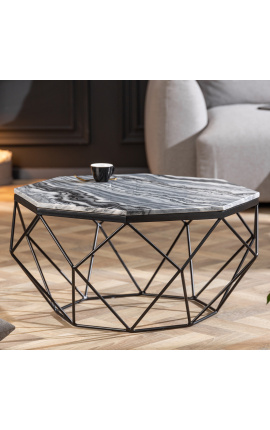 Aštuntakampis "Diamo" kavos stalas su pilku marmuru ir juodu metalu