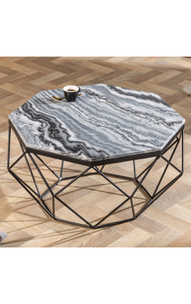 Octagonaali &quot;Diamo&quot; kahvipöytä, jossa on harmaa marmoria ja musta-väri metalli