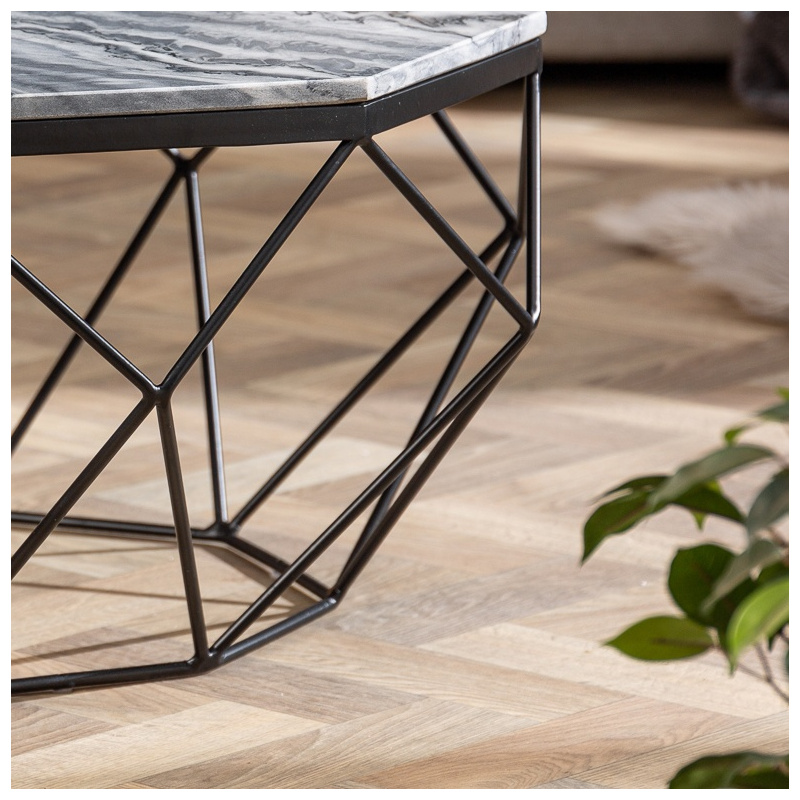 Octagonal "Diamo" coffee table with gray marble top and blackcolored metal