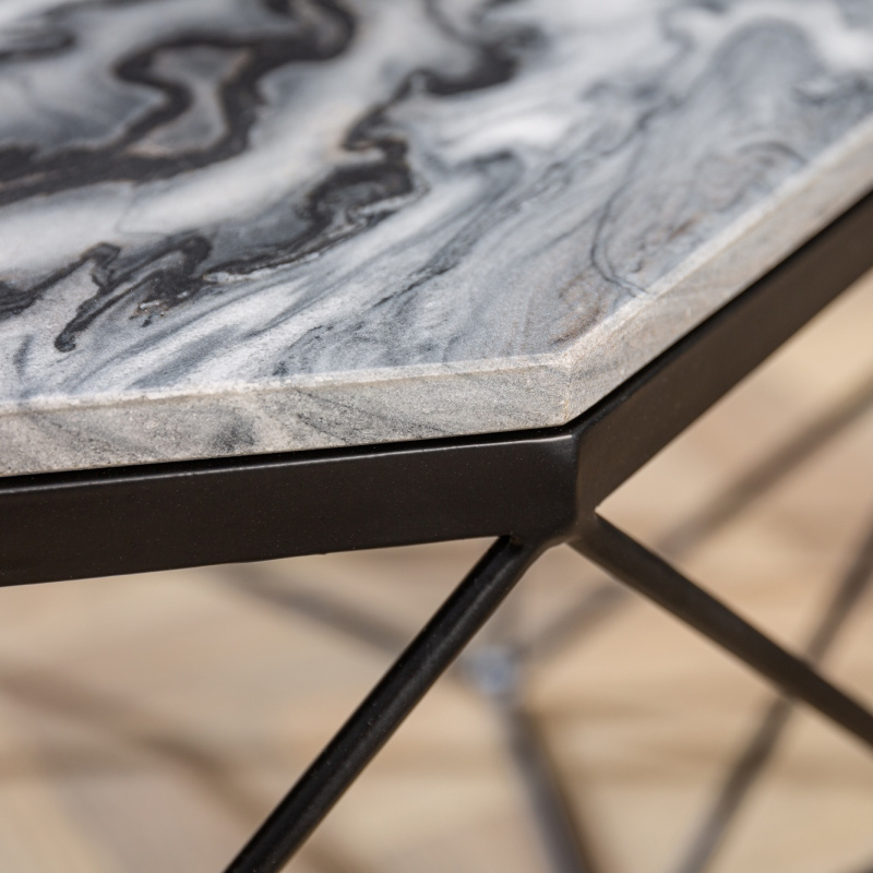 Octagonal "Diamo" coffee table with gray marble top and blackcolored metal