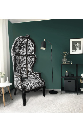 Grand fauteuil carrosse de style Baroque tissu zèbre et bois noir