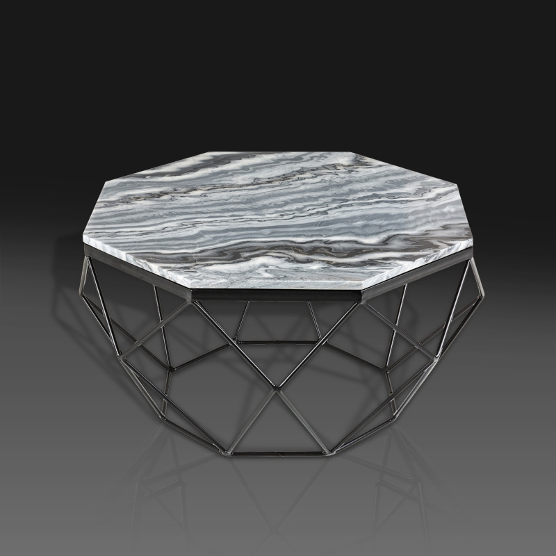 Octagonal "Diamo" coffee table with gray marble top and blackcolored metal