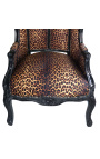 Grand fauteuil carrosse de style Baroque tissu léopard et bois noir