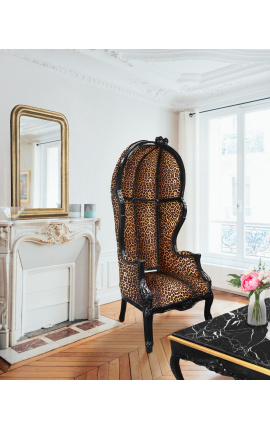 Grand porters stol leopardtyg i barockstil och svart trä