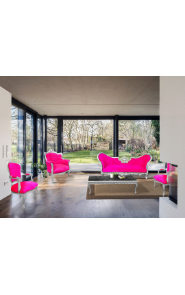 Sillón príncipe estilo barroco fushia terciopelo rosa y madera de plata