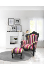 Baroque footrest Louis XV multicolor stripes and black lacquered wood