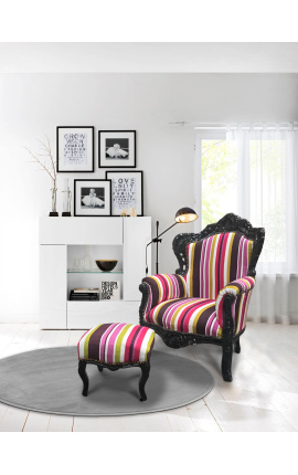 Big baroque style armchair multicolor striped and black wood