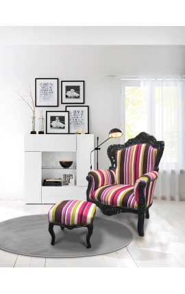 Grand fauteuil de style baroque rayé multicolore et bois noir